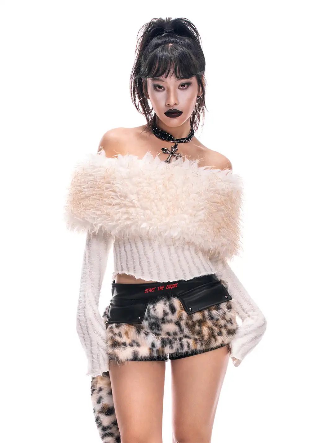 STE | Printed PU Leather Shorts + Fur Collar Belt