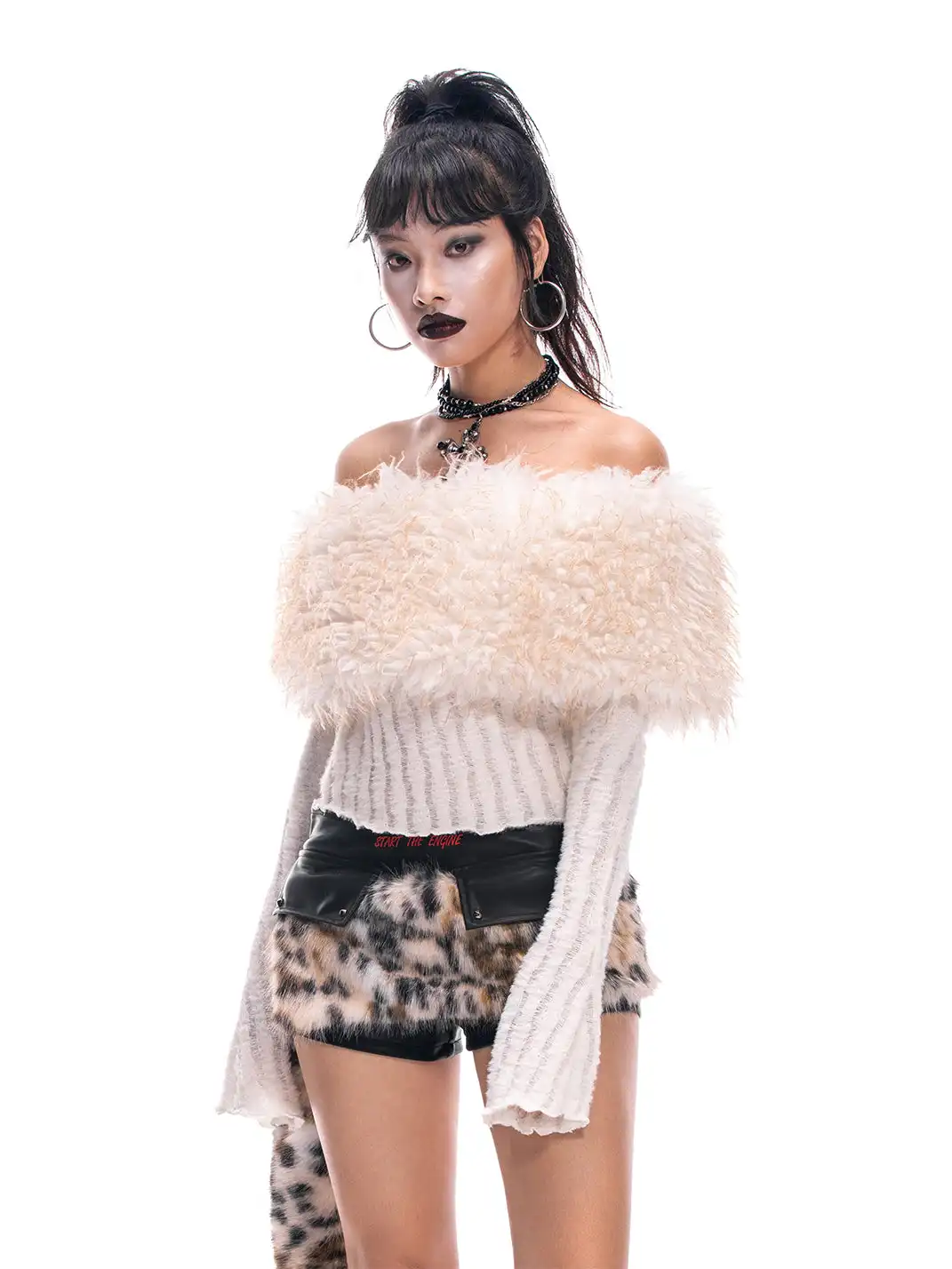 STE | Printed PU Leather Shorts + Fur Collar Belt