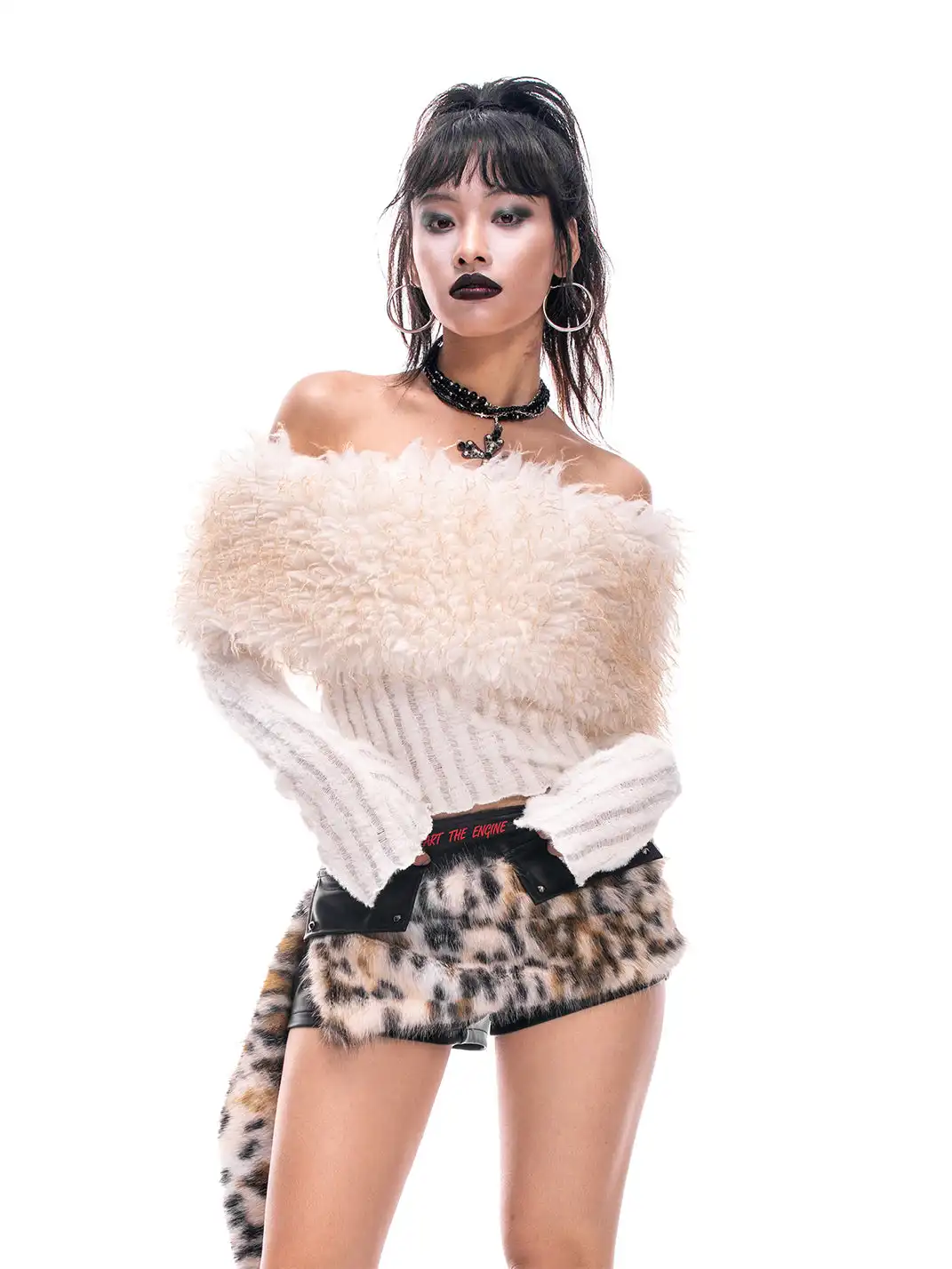 STE | Printed PU Leather Shorts + Fur Collar Belt