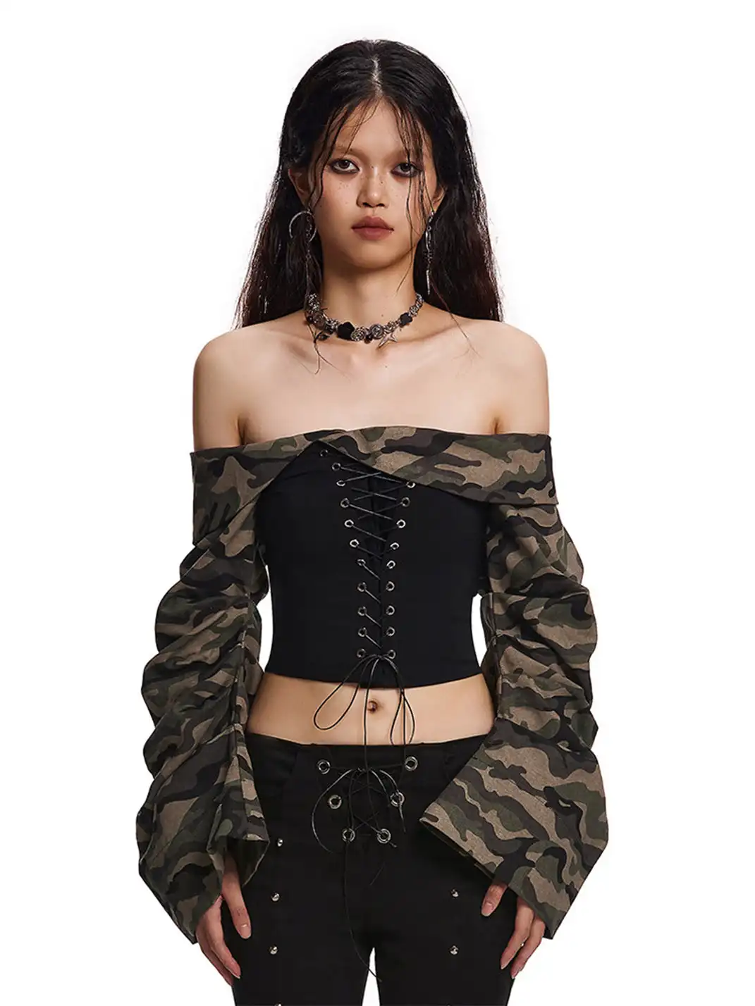 STE | Off-The-Shoulder Camouflage Strapless Top