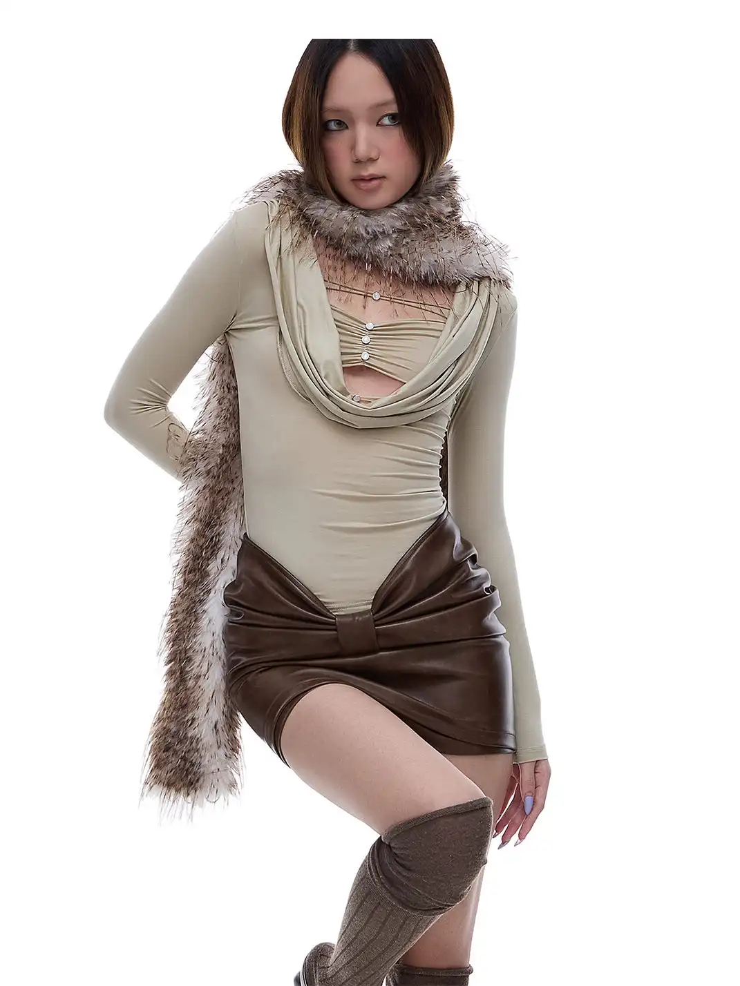STE | Draped Collar Faux Two-Piece Long-Sleeved T-Shirt