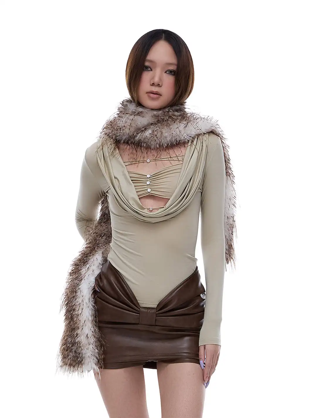 STE | Draped Collar Faux Two-Piece Long-Sleeved T-Shirt