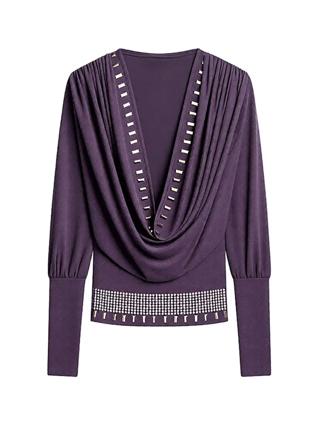 STE | V-Neck Rhinestone-Studded Fitted Waist Long-Sleeved T-Shirt