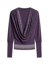 STE | V-Neck Rhinestone-Studded Fitted Waist Long-Sleeved T-Shirt