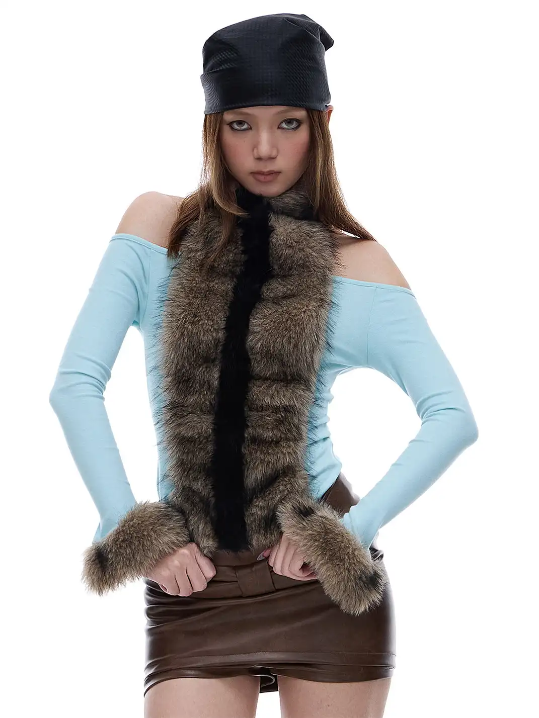 STE | Halter-Neck Fur Patchwork Long-Sleeved T-Shirt