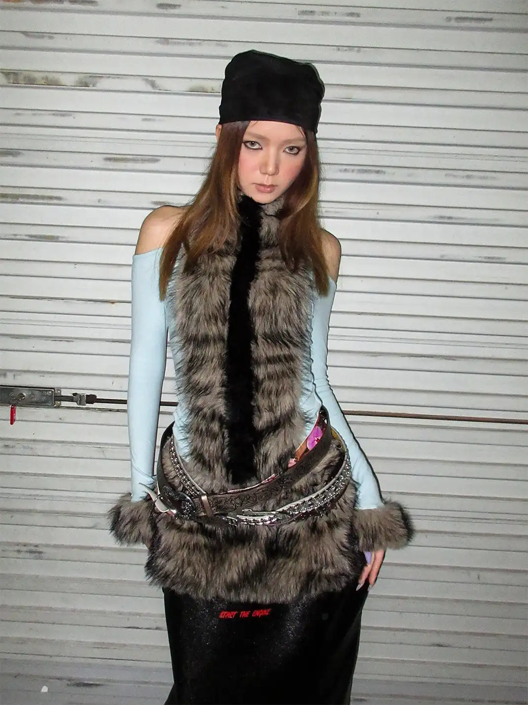 STE | Halter-Neck Fur Patchwork Long-Sleeved T-Shirt