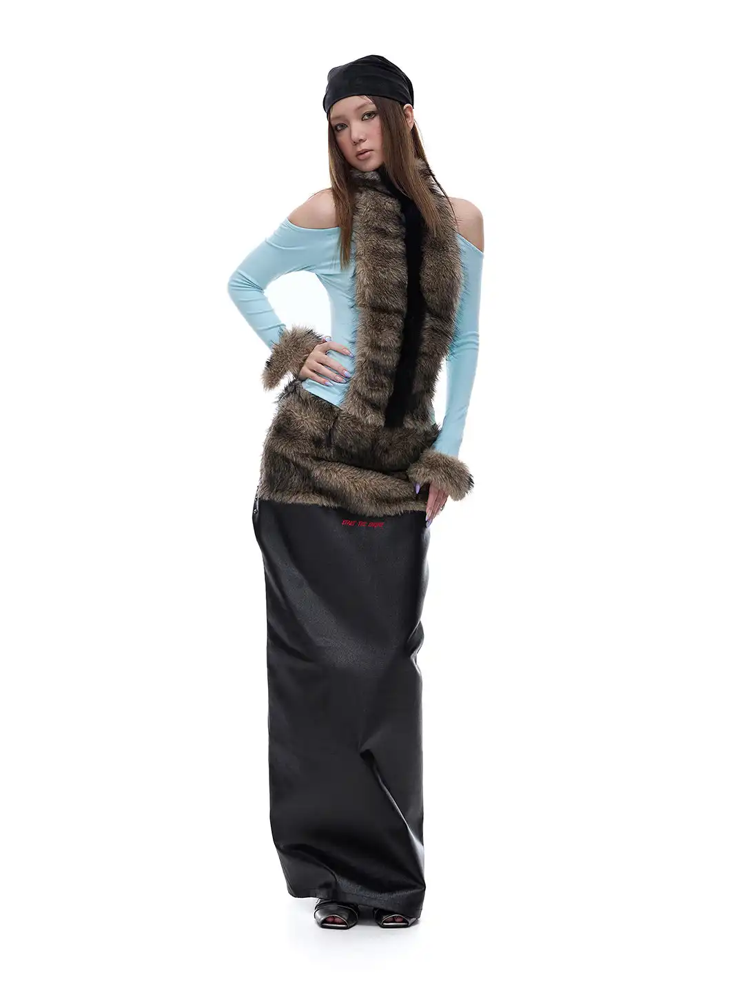 STE | Halter-Neck Fur Patchwork Long-Sleeved T-Shirt