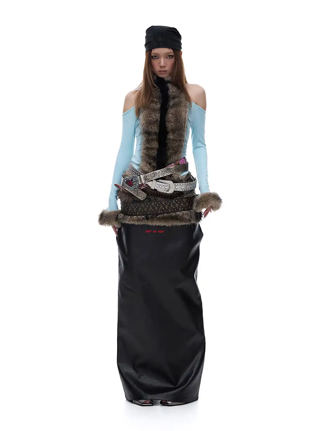STE | Halter-Neck Fur Patchwork Long-Sleeved T-Shirt
