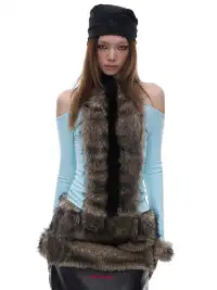 STE | Halter-Neck Fur Patchwork Long-Sleeved T-Shirt