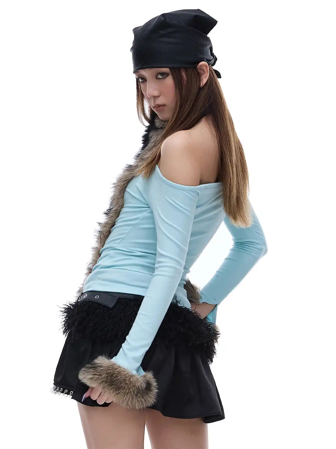 STE | Halter-Neck Fur Patchwork Long-Sleeved T-Shirt