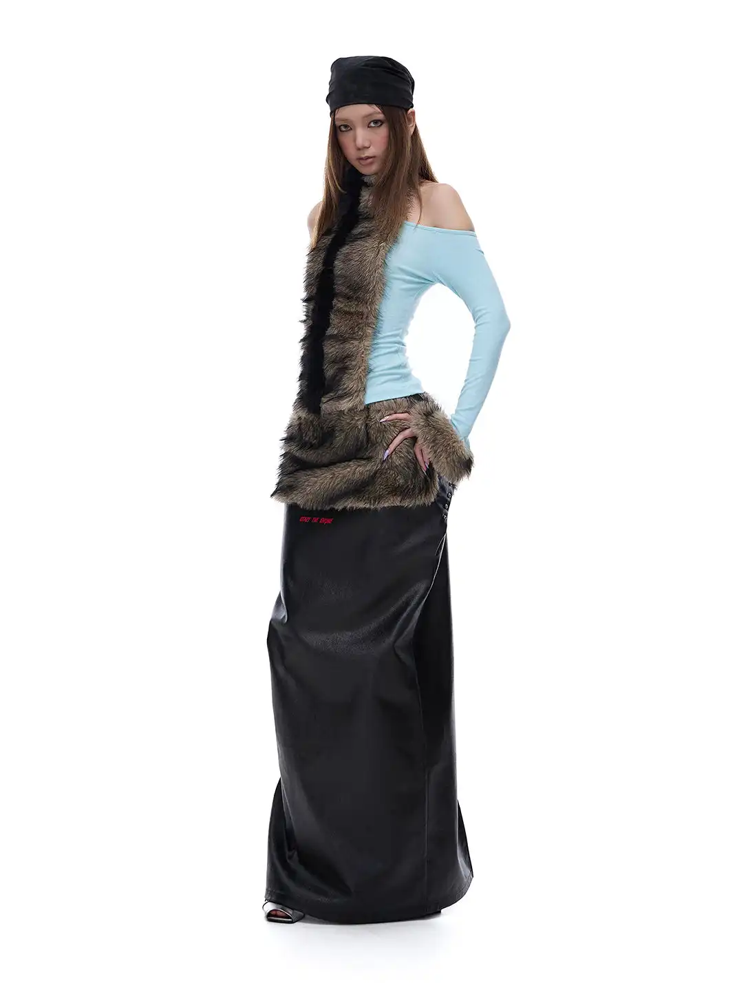 STE | Halter-Neck Fur Patchwork Long-Sleeved T-Shirt