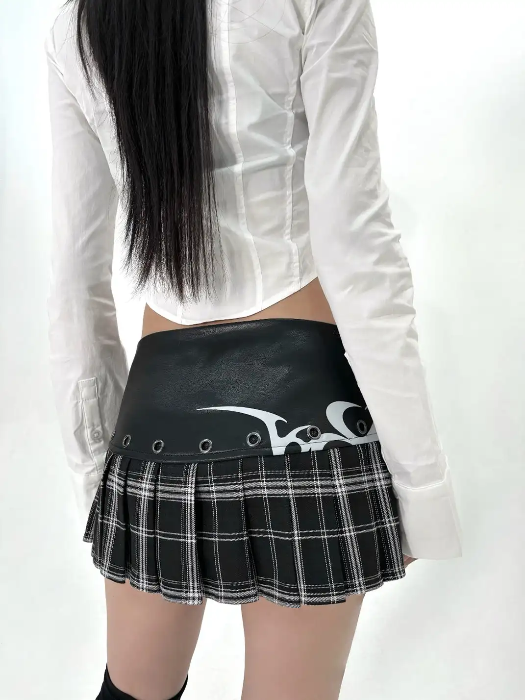 ONNASENSHI | Leather Patchwork Plaid Mini Skirt