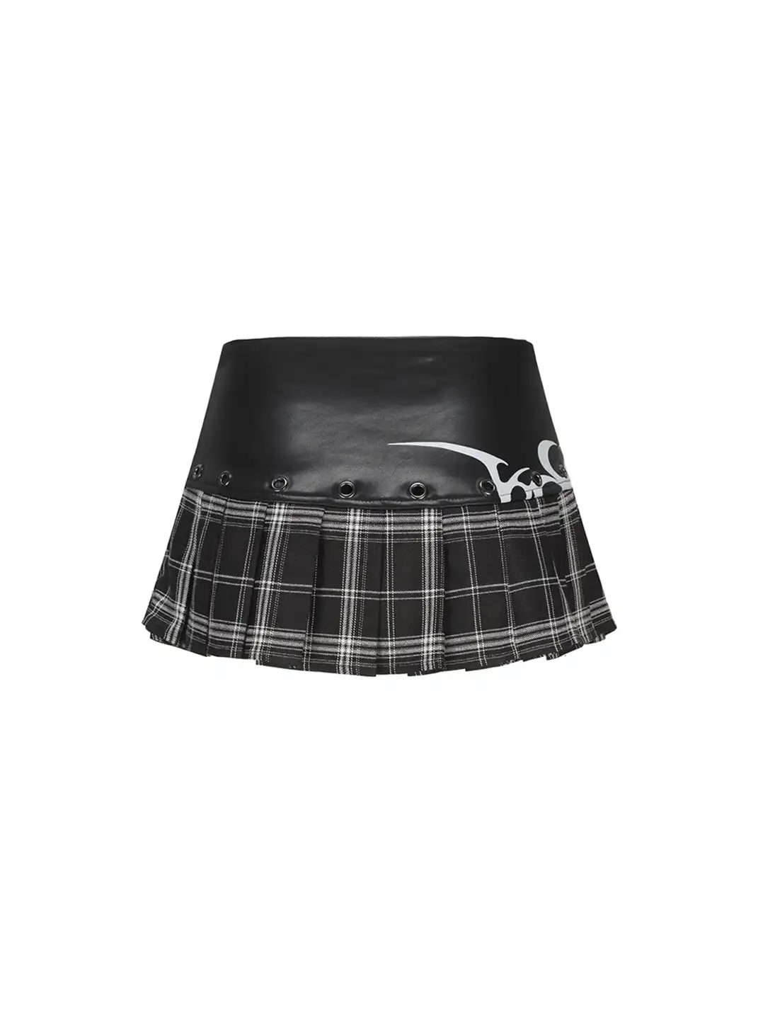 ONNASENSHI | Leather Patchwork Plaid Mini Skirt