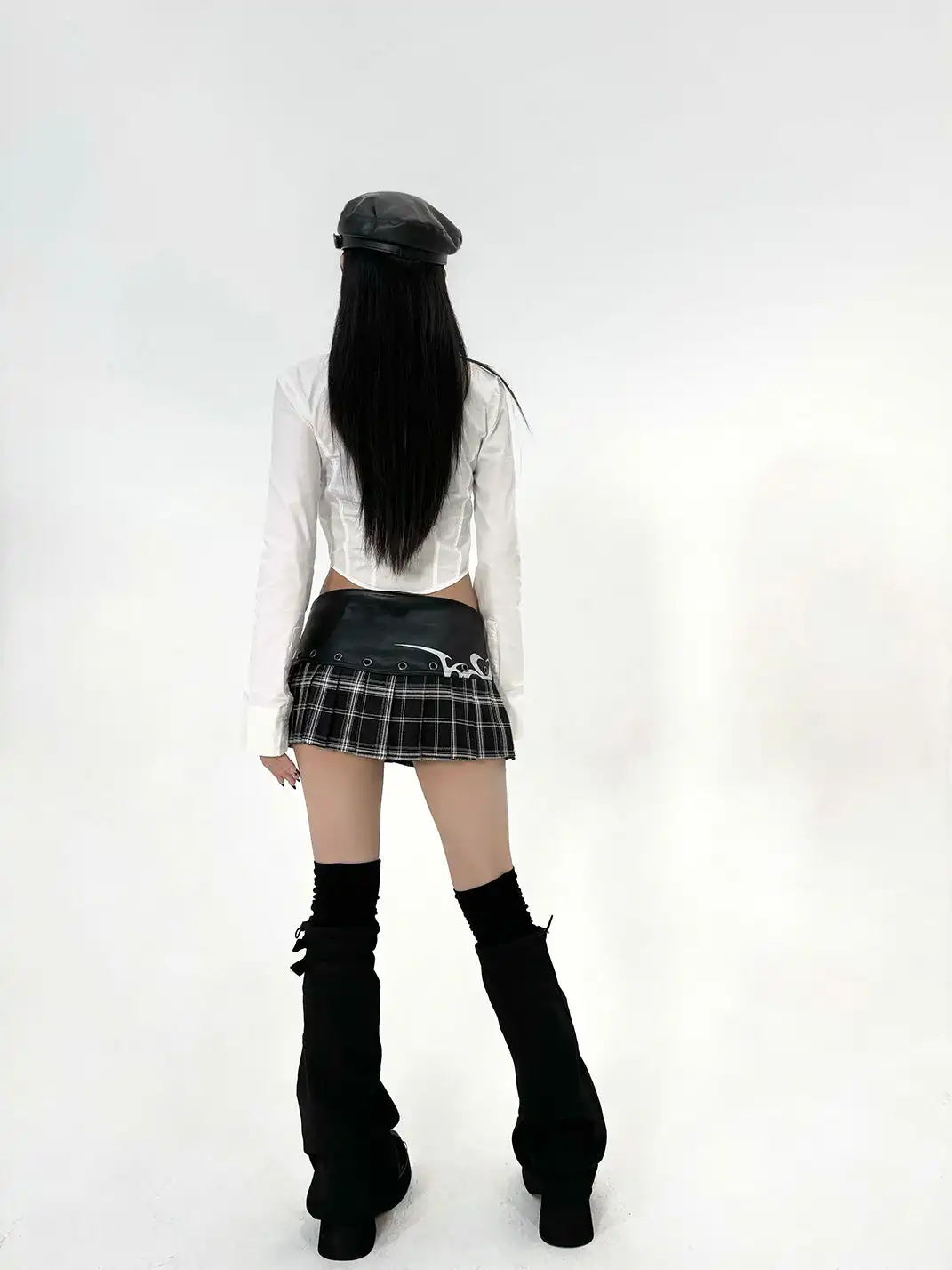 ONNASENSHI | Leather Patchwork Plaid Mini Skirt