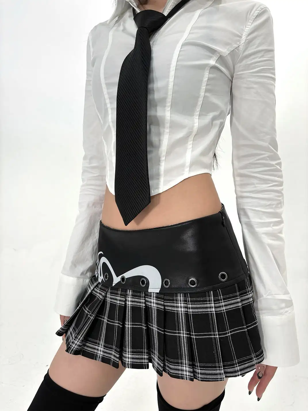 ONNASENSHI | Leather Patchwork Plaid Mini Skirt