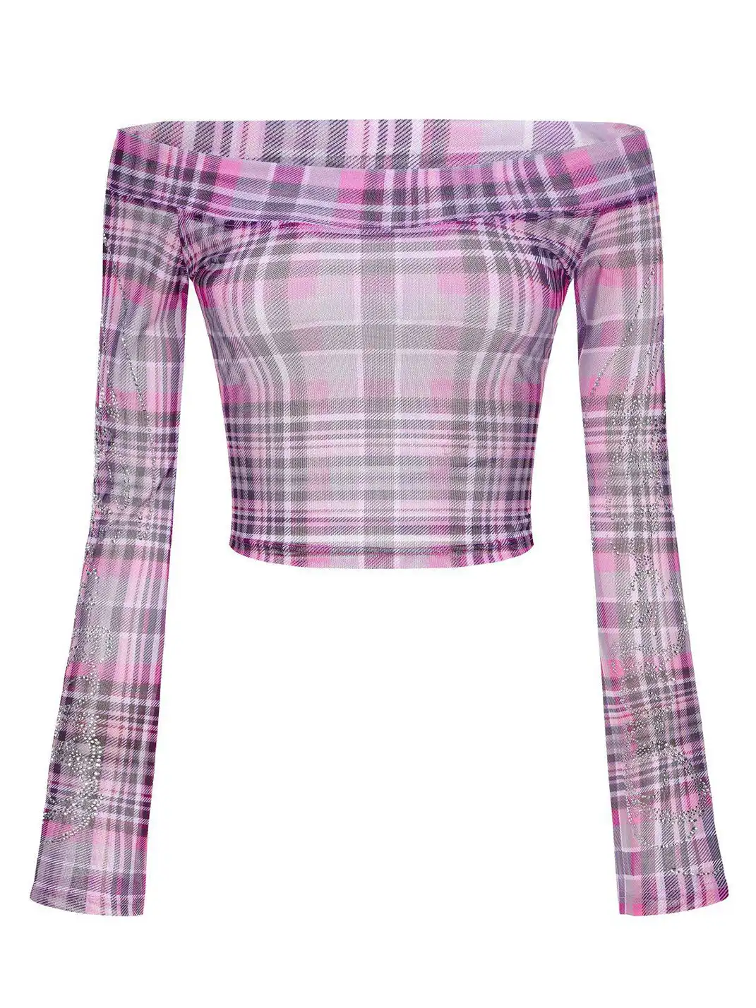 ONNASENSHI | Rhinestone Plaid Off-Shoulder Mesh Top
