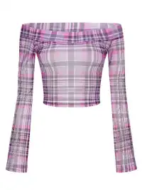 ONNASENSHI | Rhinestone Plaid Off-Shoulder Mesh Top