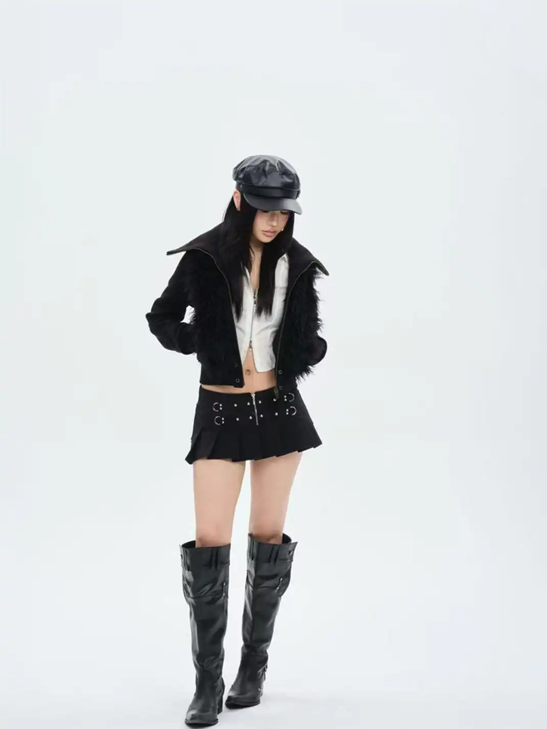 ONNASENSHI | Rivet-Decorated Zipper Pleated Skirt