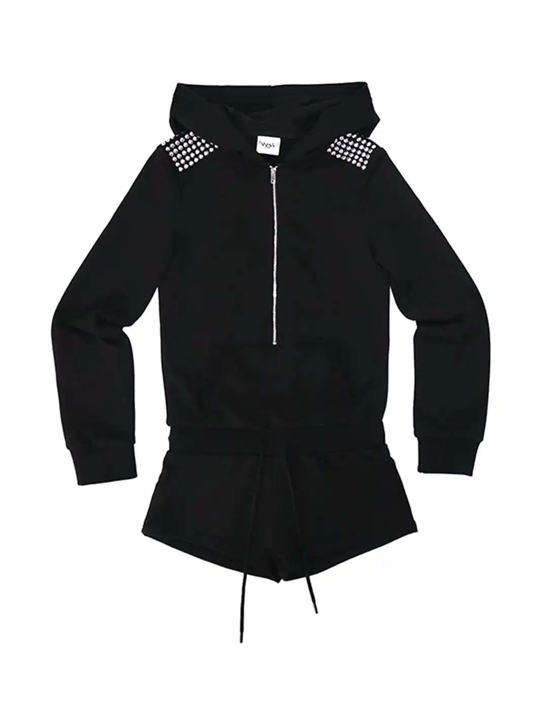 ONNASENSHI | Studded + Distressed Print Hoodie Romper