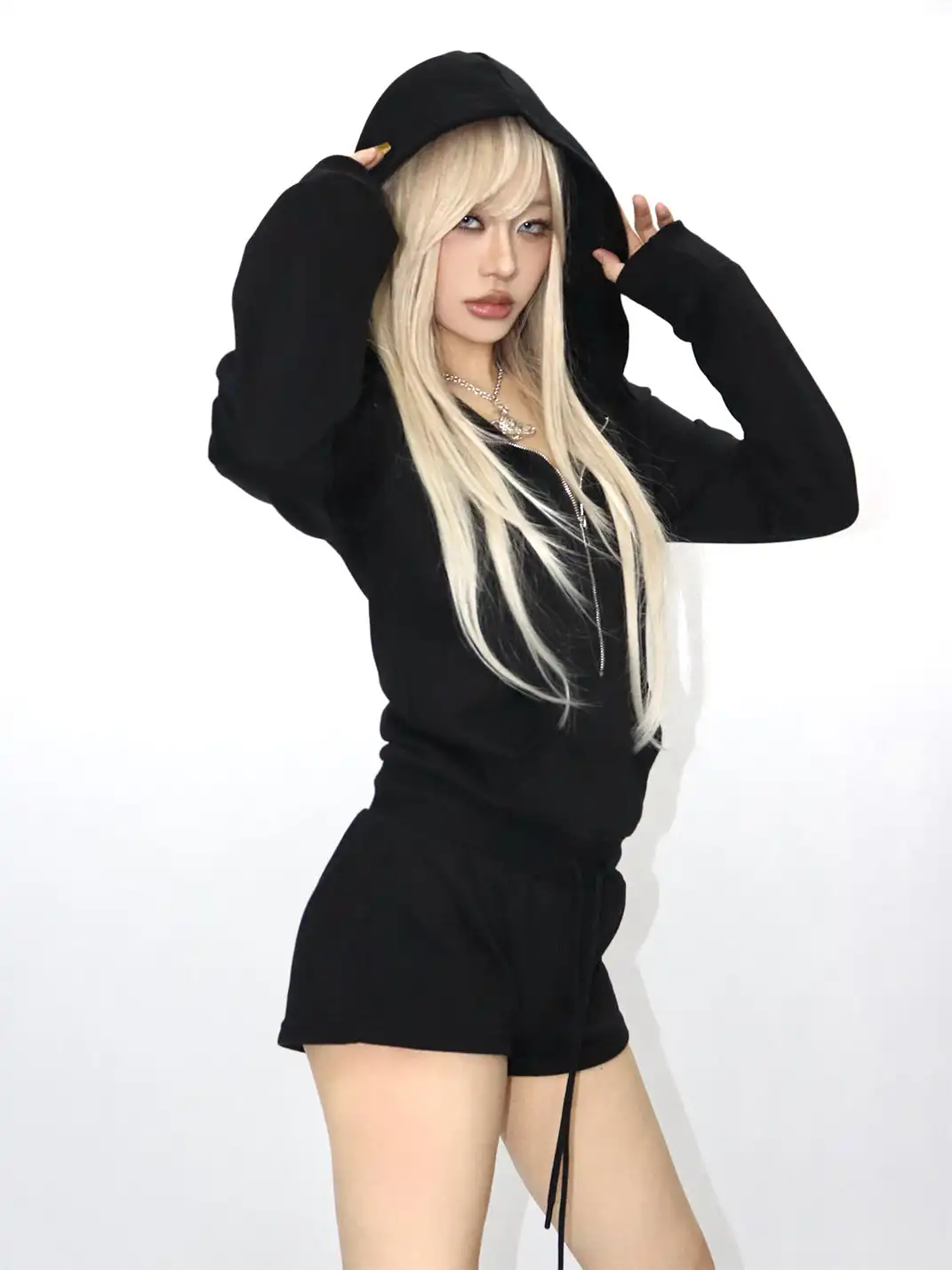 ONNASENSHI | Studded + Distressed Print Hoodie Romper