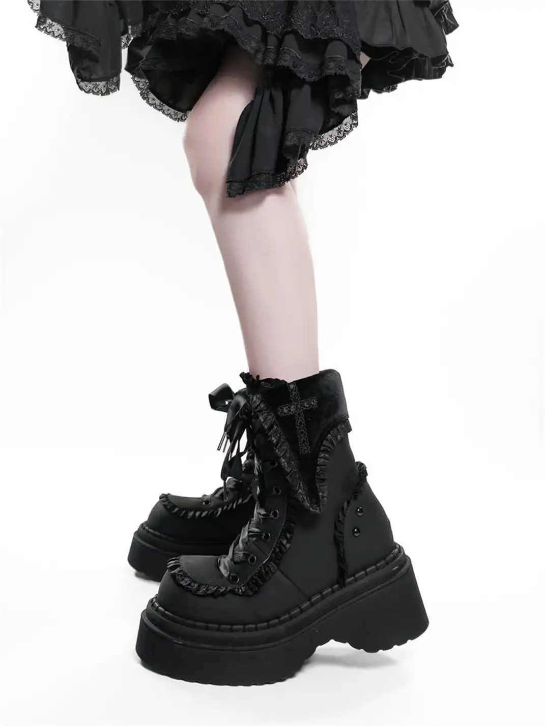 GURURU | Cross-Shaped Round Toe Platform Ankle Boots