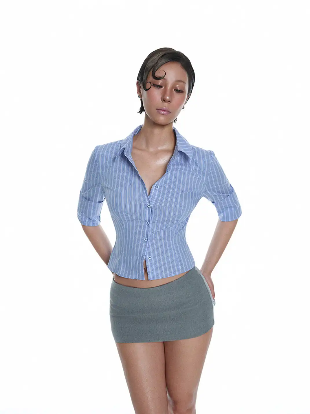 LIAN | Blue And White Striped Short Shirt
