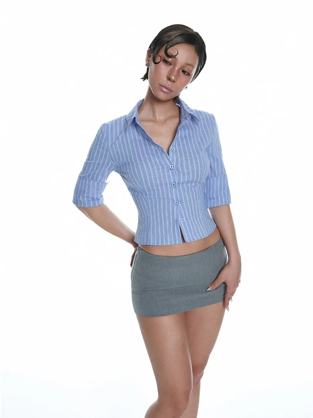 LIAN | Blue And White Striped Short Shirt