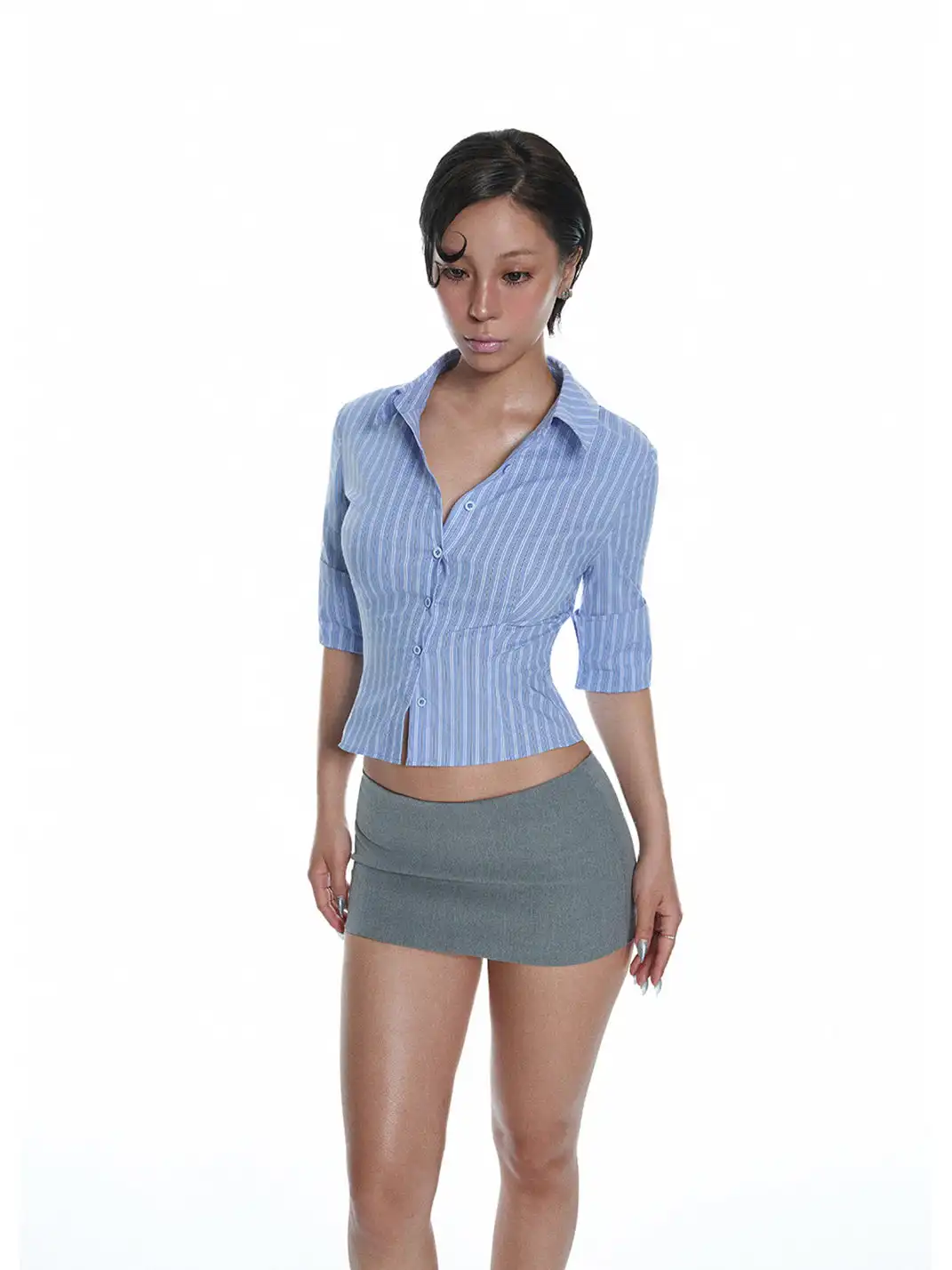 LIAN | Blue And White Striped Short Shirt