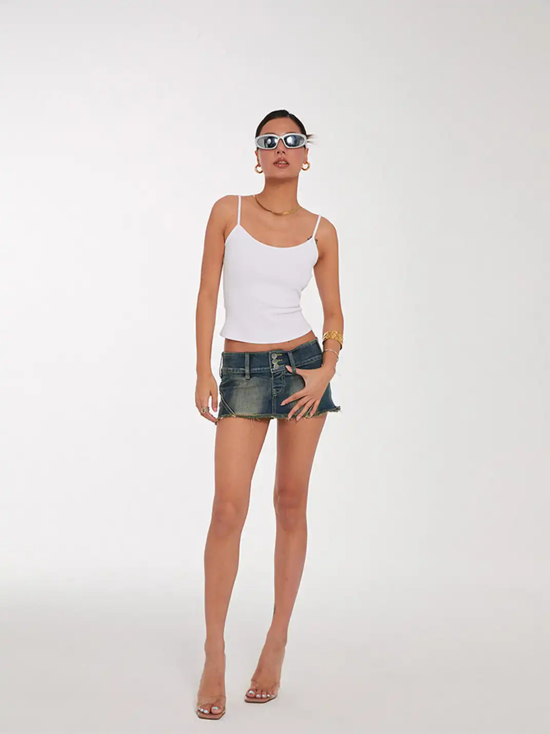 DISCOGLAM | Stand-Up Collar Denim Jacket + Denim Mini Skirt