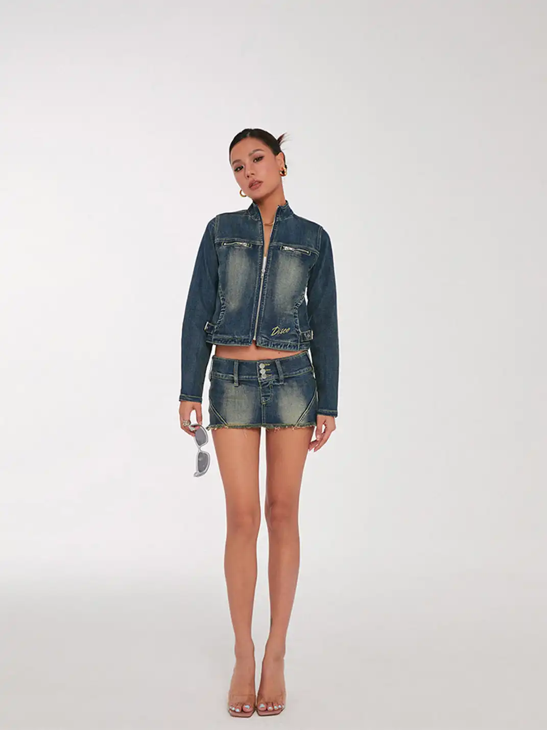 DISCOGLAM | Stand-Up Collar Denim Jacket + Denim Mini Skirt