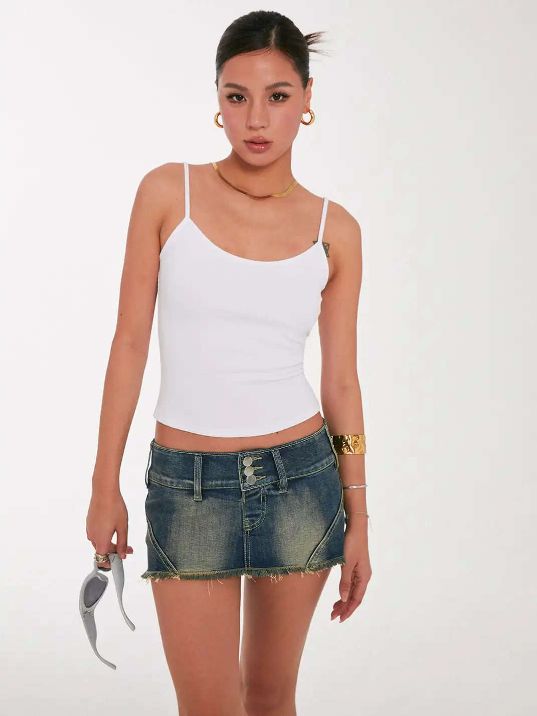 DISCOGLAM | Stand-Up Collar Denim Jacket + Denim Mini Skirt