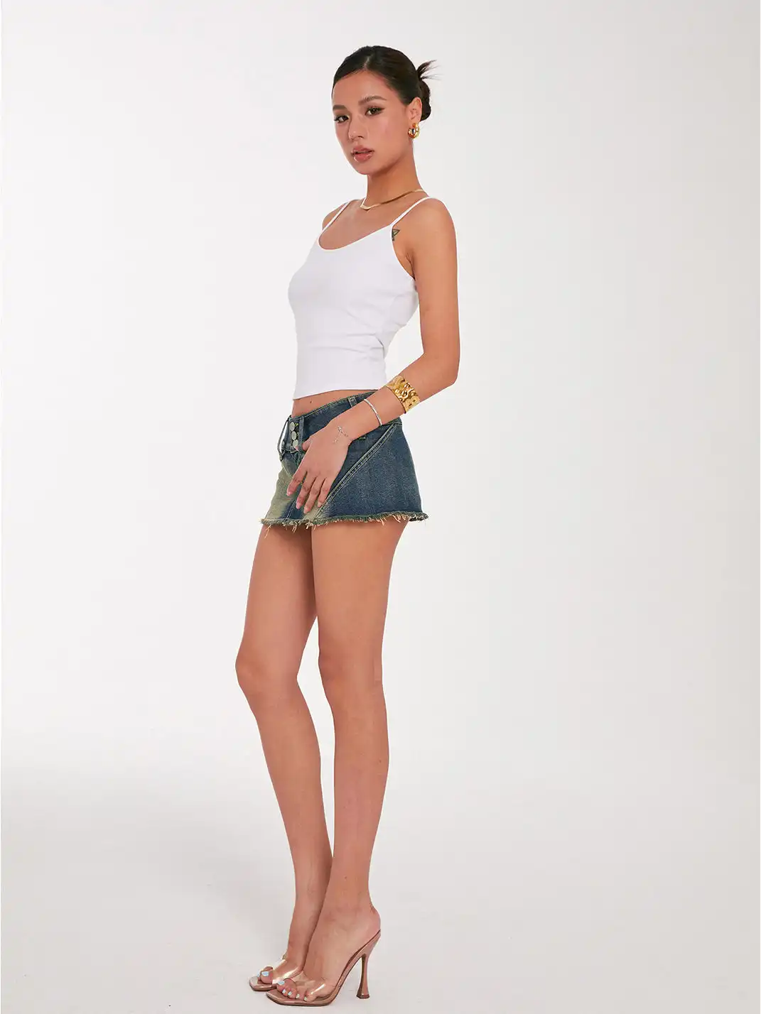 DISCOGLAM | Stand-Up Collar Denim Jacket + Denim Mini Skirt