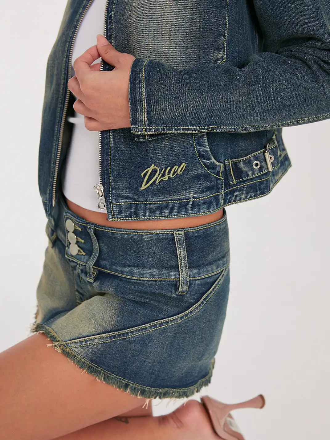 DISCOGLAM | Stand-Up Collar Denim Jacket + Denim Mini Skirt