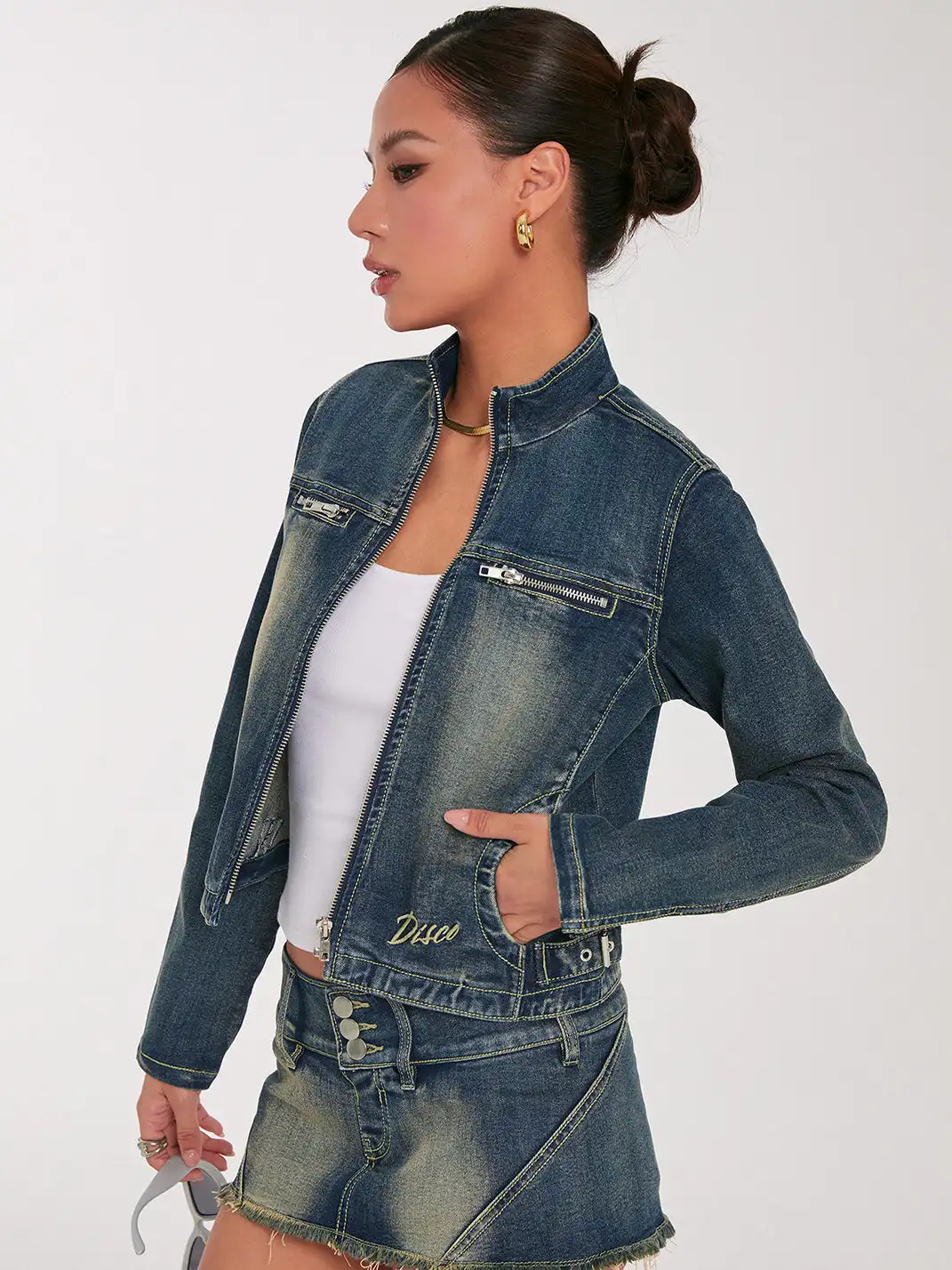 DISCOGLAM | Stand-Up Collar Denim Jacket + Denim Mini Skirt