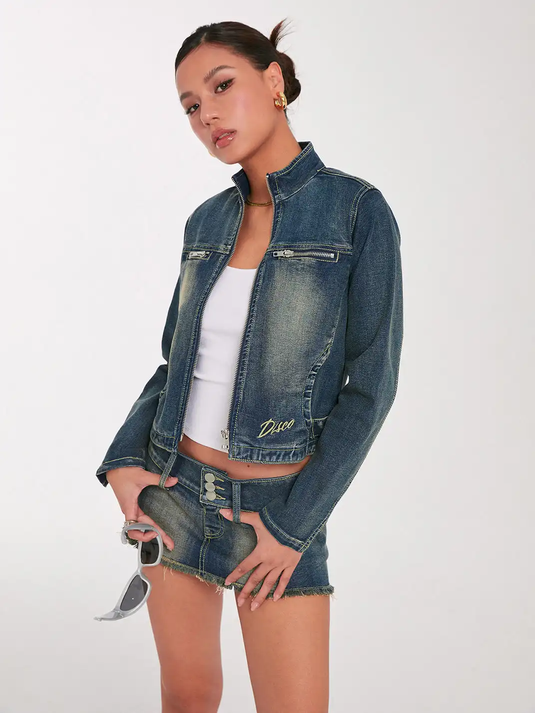 DISCOGLAM | Stand-Up Collar Denim Jacket + Denim Mini Skirt