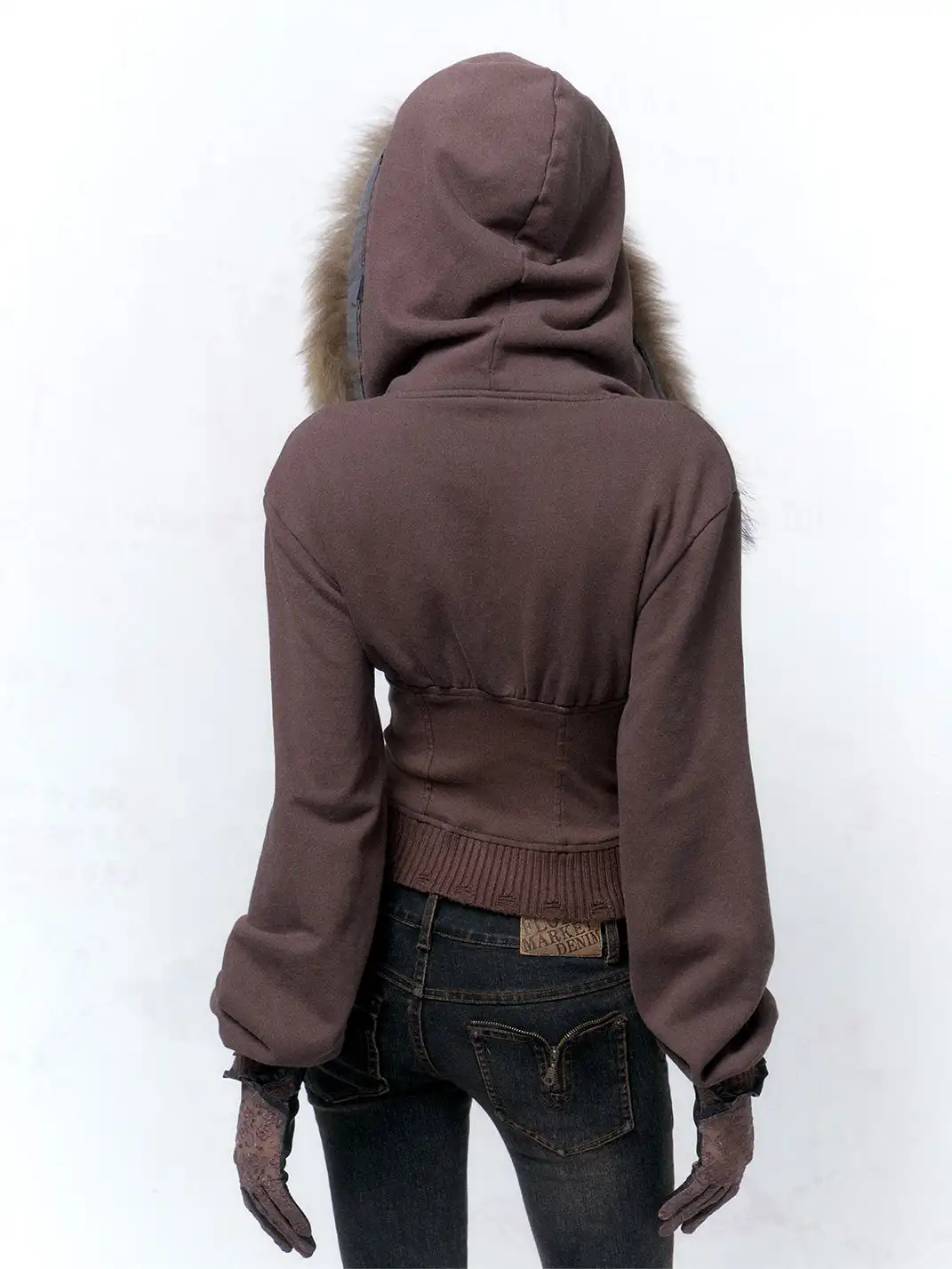 Flowers birds Market | Raccoon Fur V-Neck Fitted Sweatshirt