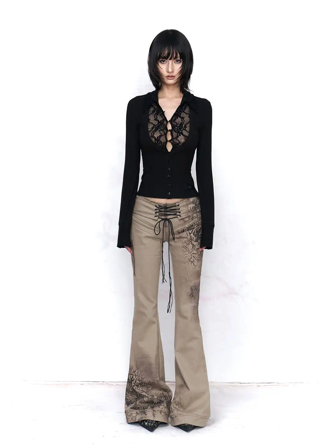Flowers birds Market | Faux Two-Piece Lace-Trimmed Knit Top