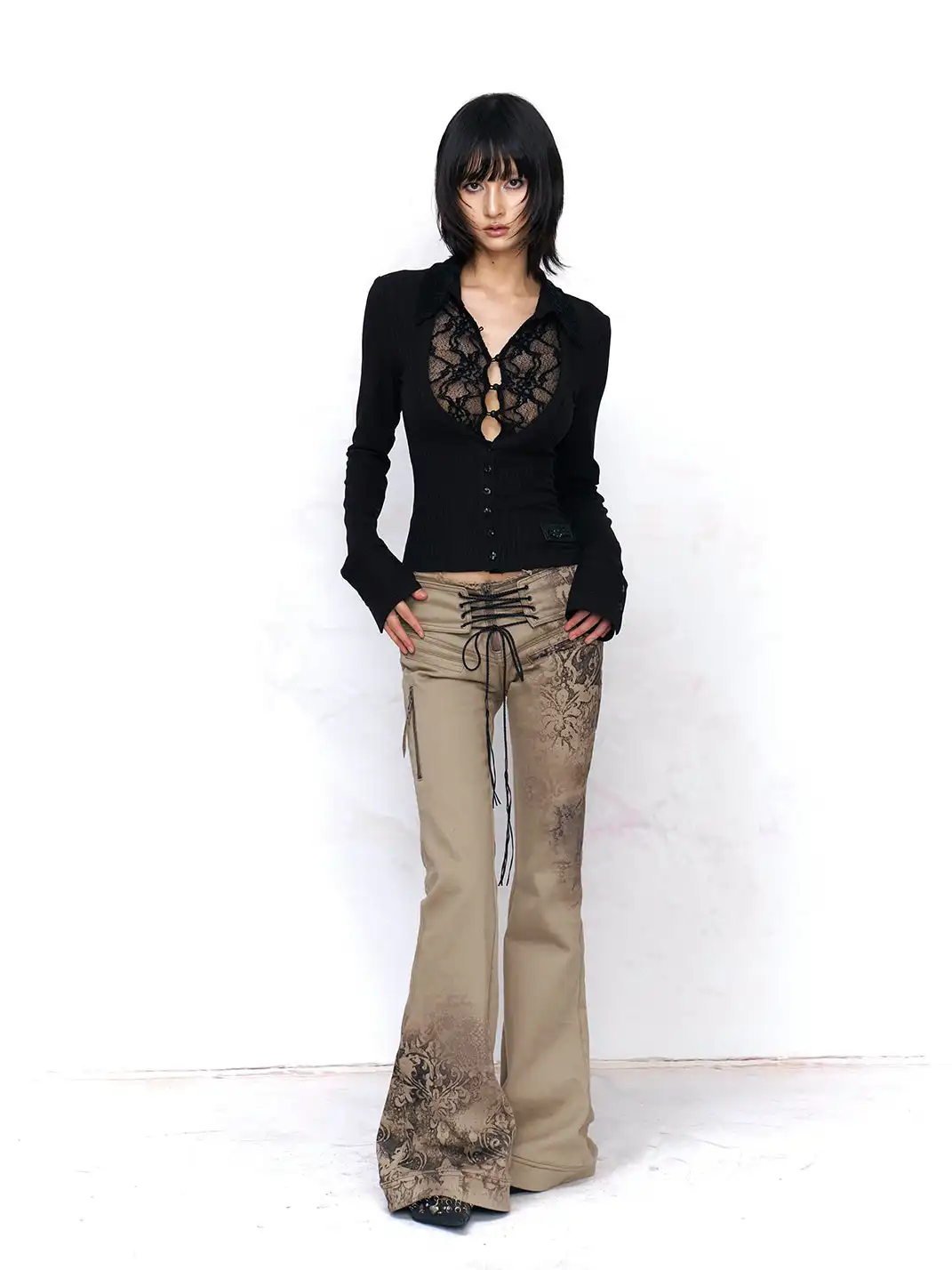 Flowers birds Market | Faux Two-Piece Lace-Trimmed Knit Top