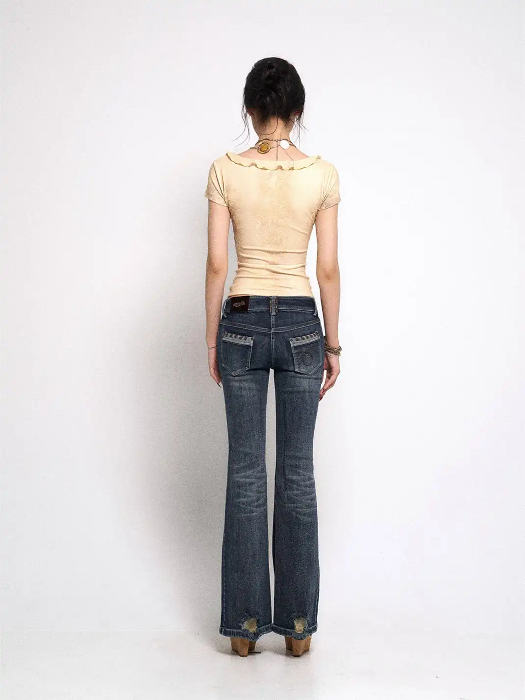 Flowers birds Market | Ripped Rhinestone Flared Jeans