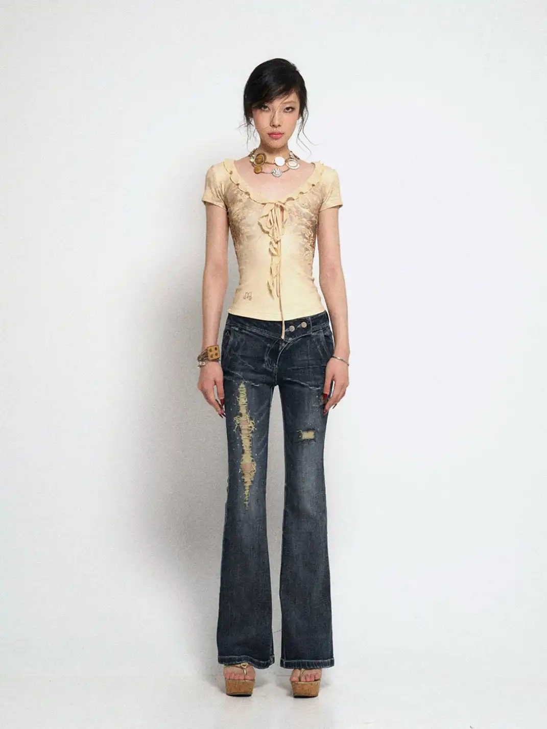 Flowers birds Market | Ripped Rhinestone Flared Jeans