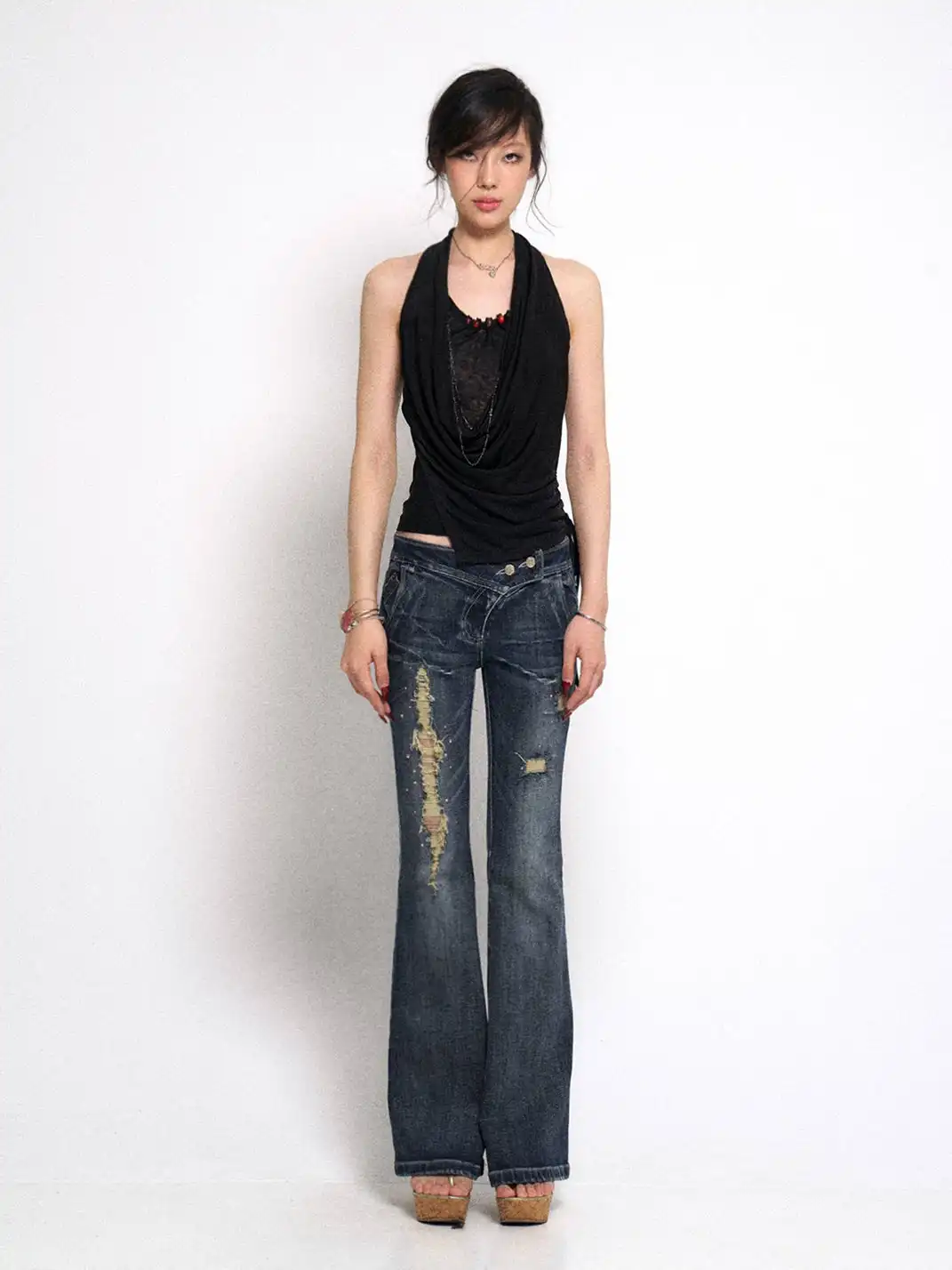 Flowers birds Market | Ripped Rhinestone Flared Jeans