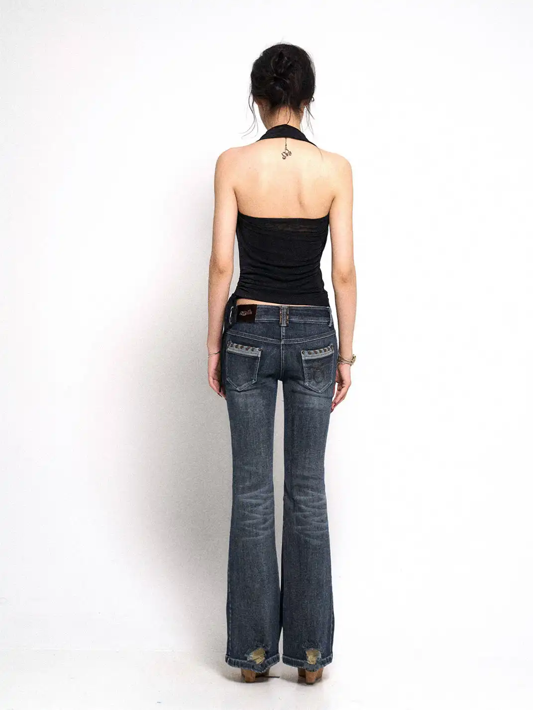 Flowers birds Market | Ripped Rhinestone Flared Jeans