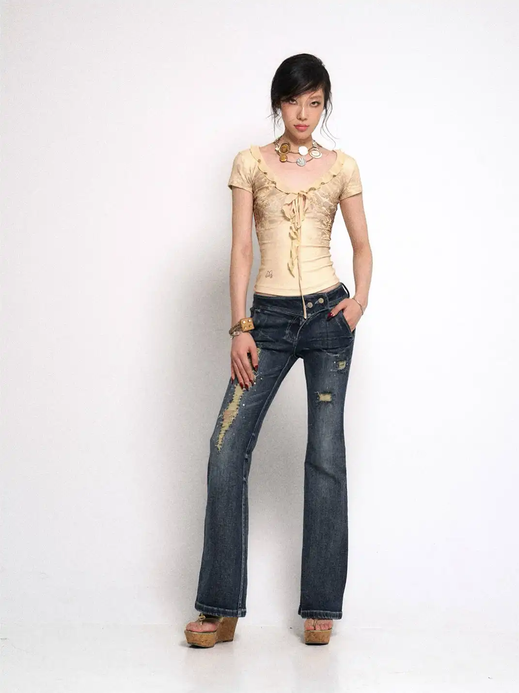 Flowers birds Market | Ripped Rhinestone Flared Jeans