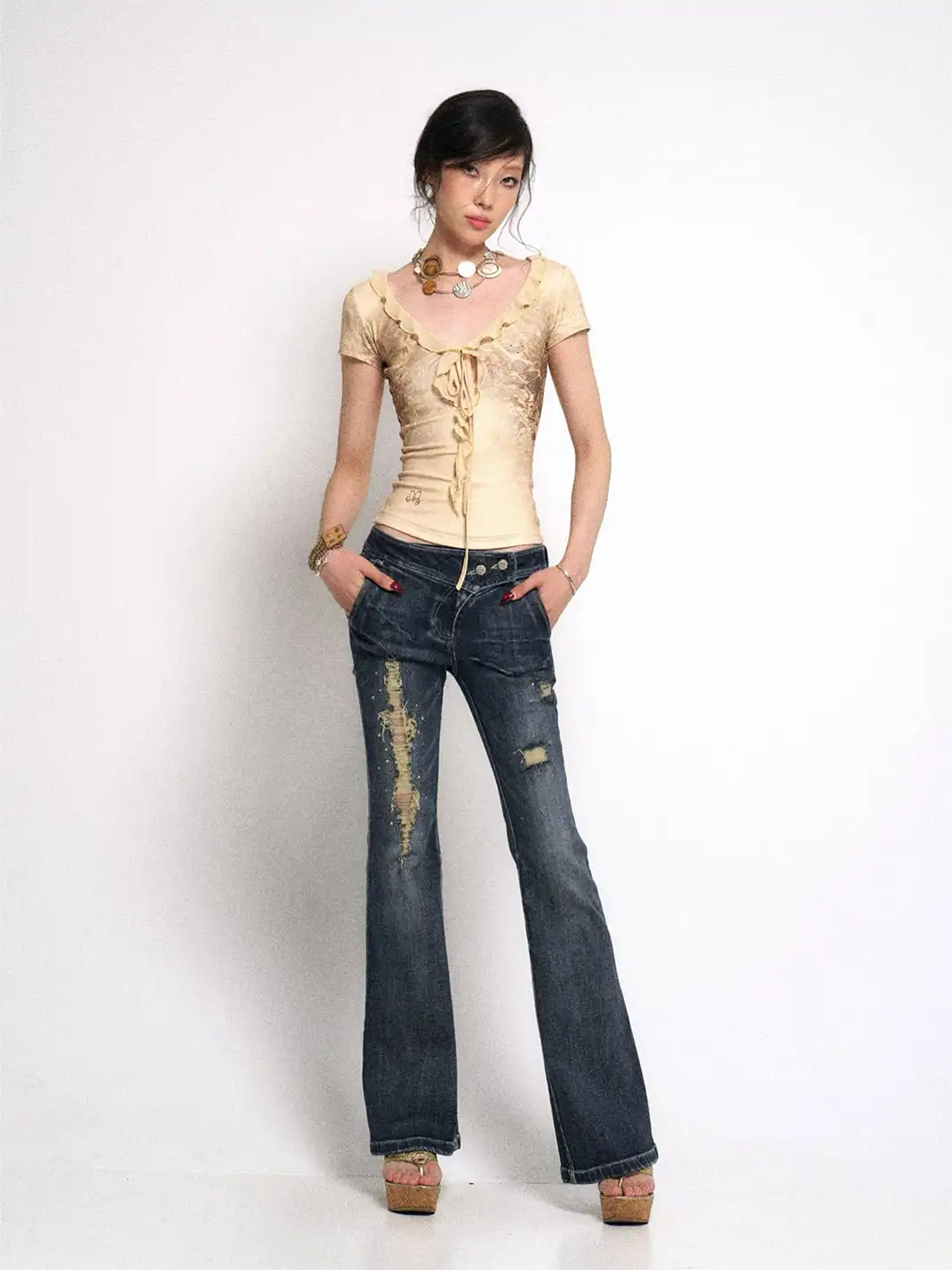 Flowers birds Market | Ripped Rhinestone Flared Jeans