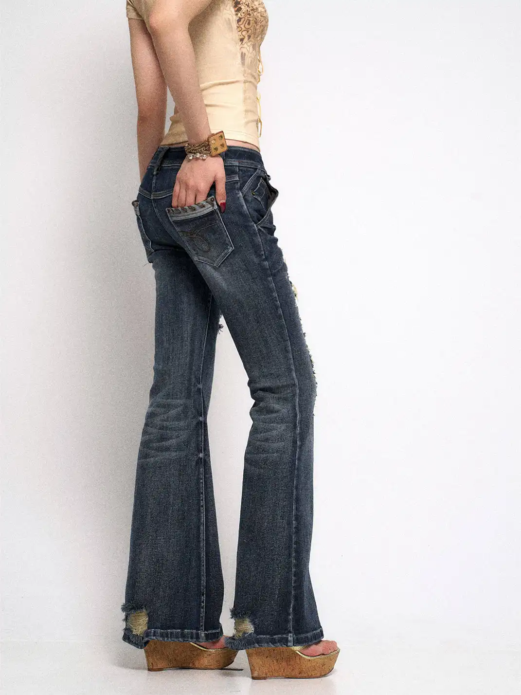 Flowers birds Market | Ripped Rhinestone Flared Jeans