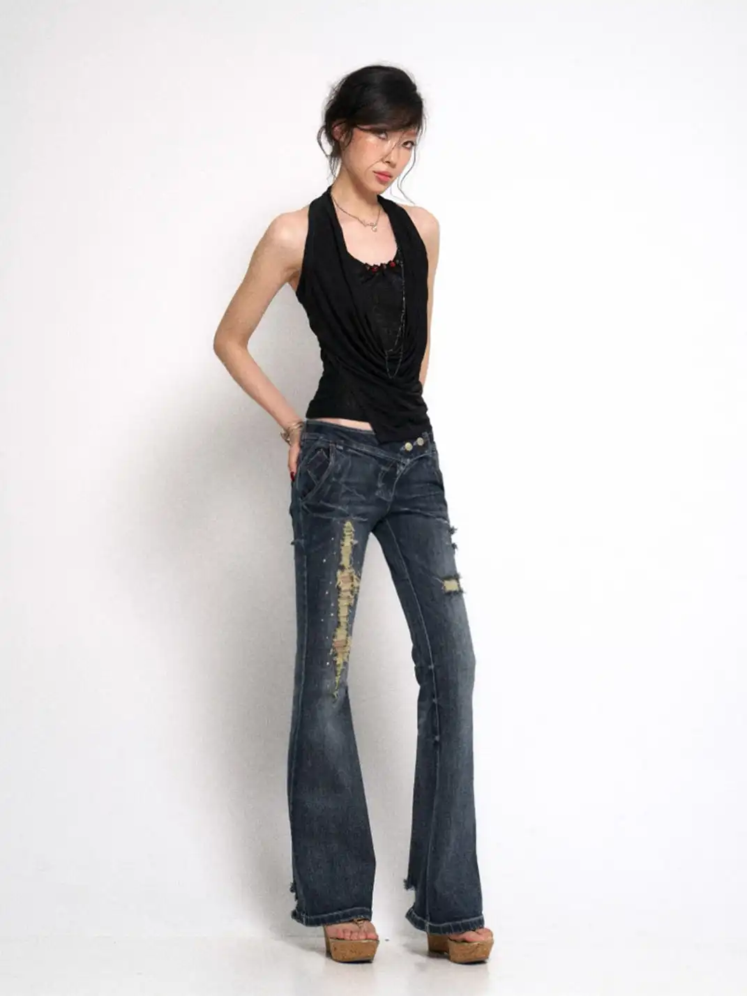 Flowers birds Market | Ripped Rhinestone Flared Jeans