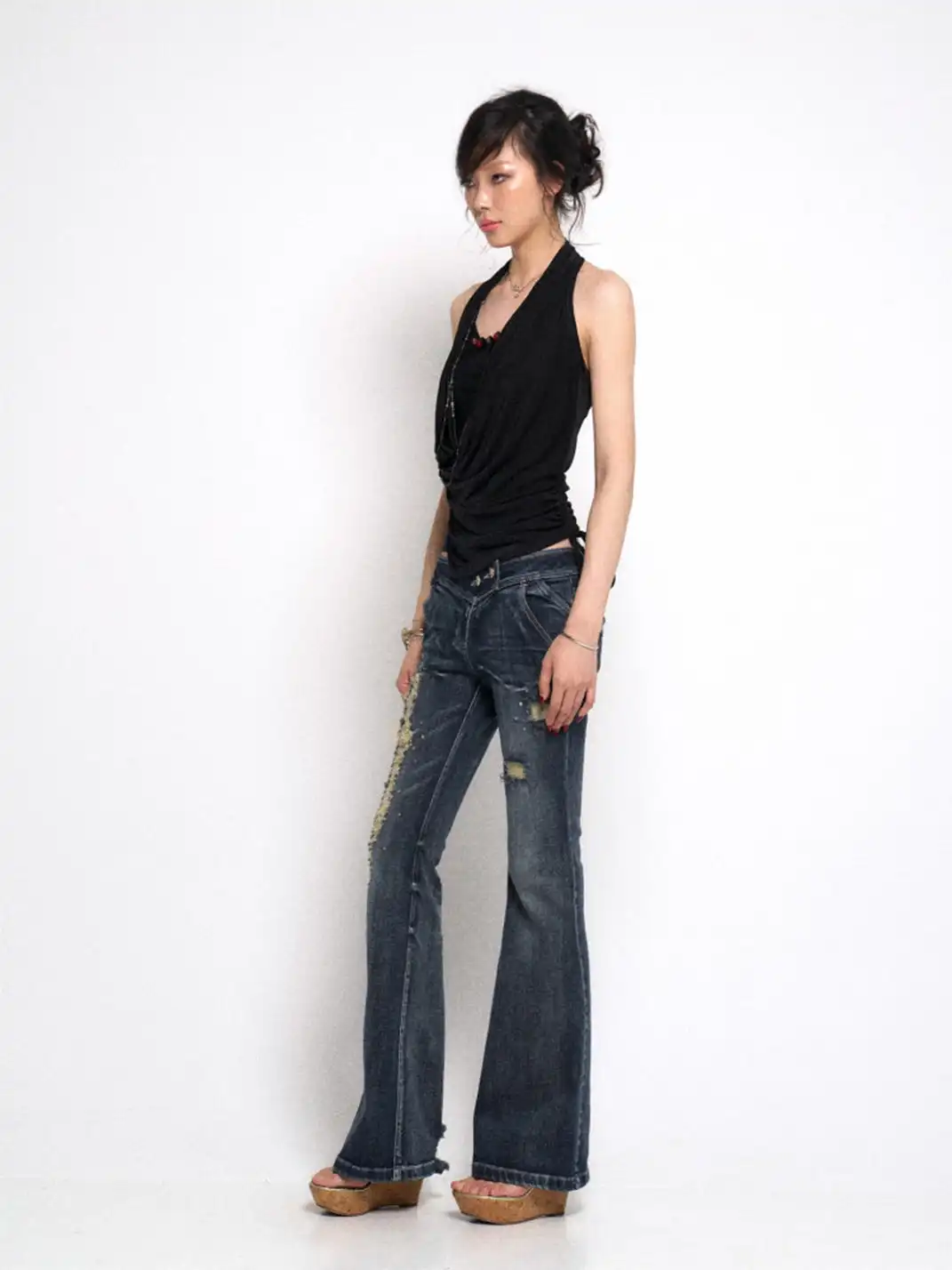 Flowers birds Market | Ripped Rhinestone Flared Jeans