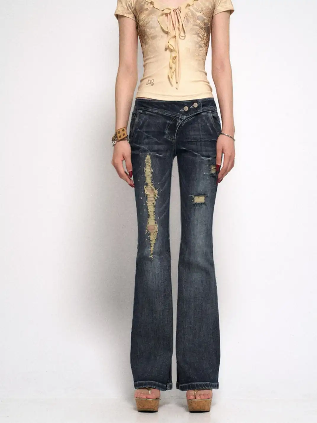 Flowers birds Market | Ripped Rhinestone Flared Jeans