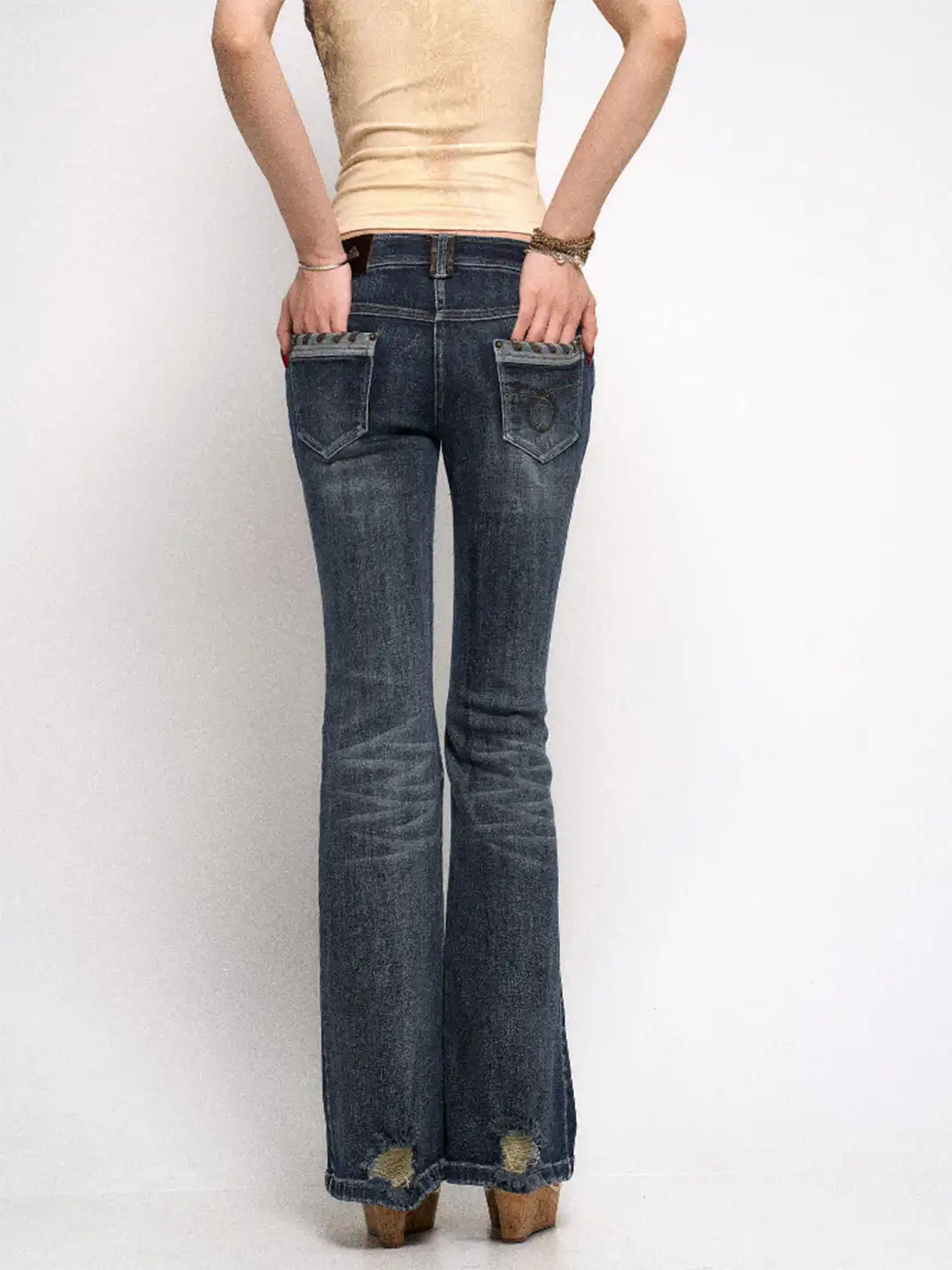 Flowers birds Market | Ripped Rhinestone Flared Jeans