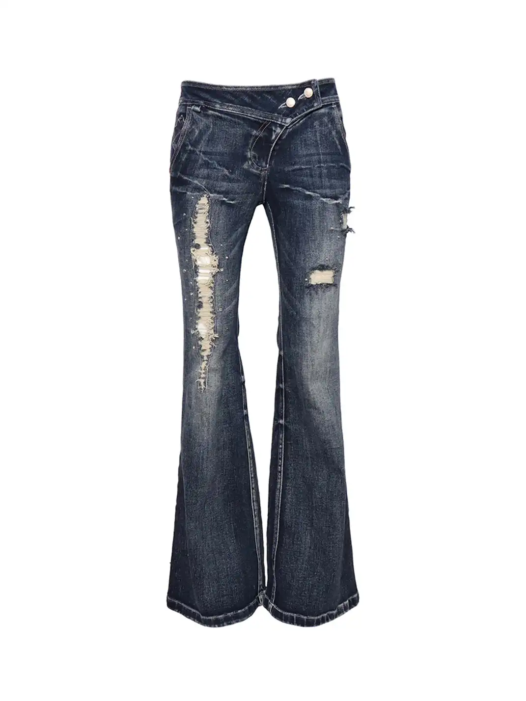 Flowers birds Market | Ripped Rhinestone Flared Jeans